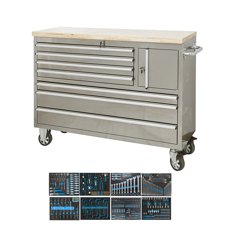 7-drawer Big Tool Trolley Wooden Top Stainless Steel Storage With One Small Lockable Cabinet For Garage Use