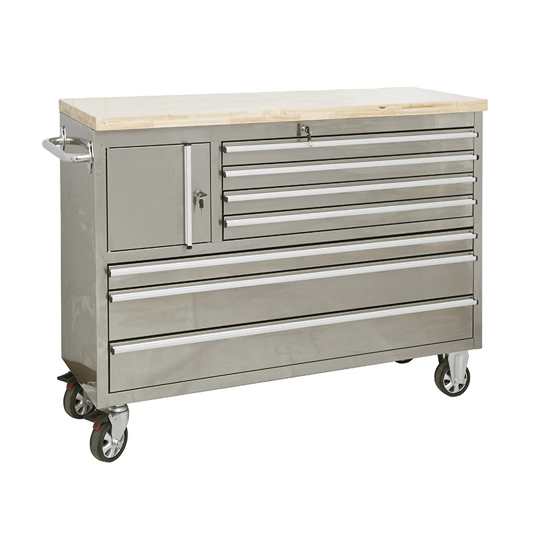 7-drawer Big Tool Trolley Wooden Top Stainless Steel Storage With One Small Lockable Cabinet For Garage Use