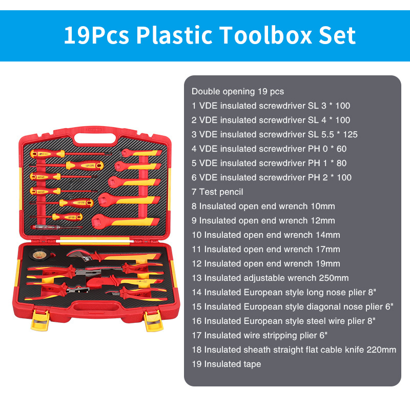 19PCS Insulated Tool Set Including VDE Insulated Screwdriver Insulated Open End Wrench And Insulated Plier In Plastic Box