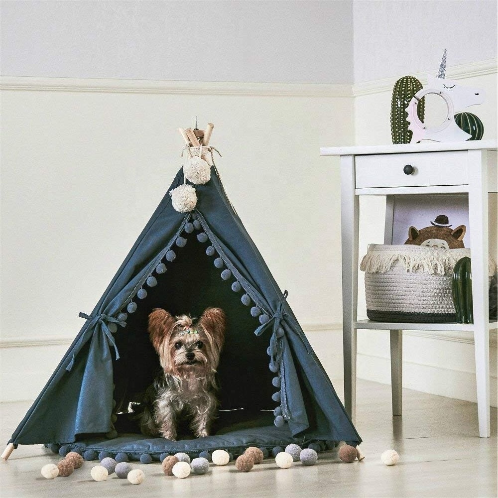 Pet Teepee House Indian Tents Wood Canvas Teepee Fold Away Pet Tent Furniture Cat Bed