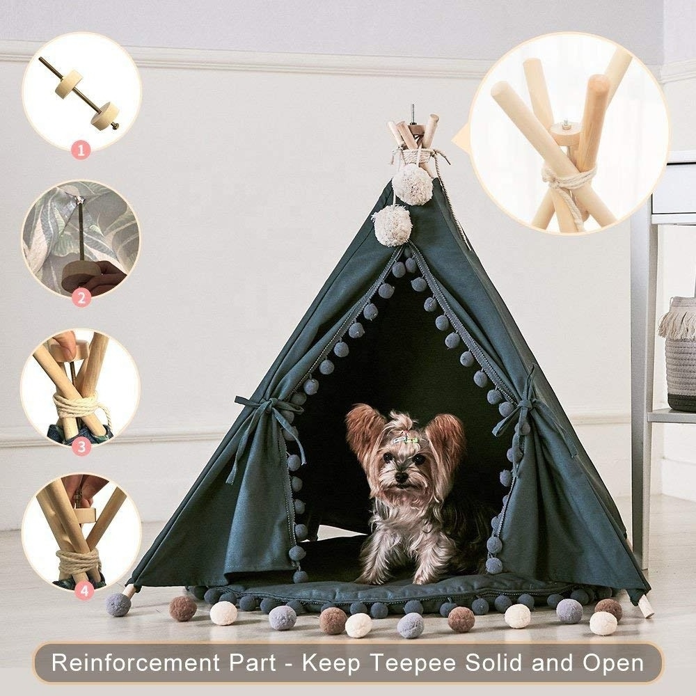 Pet Teepee House Indian Tents Wood Canvas Teepee Fold Away Pet Tent Furniture Cat Bed