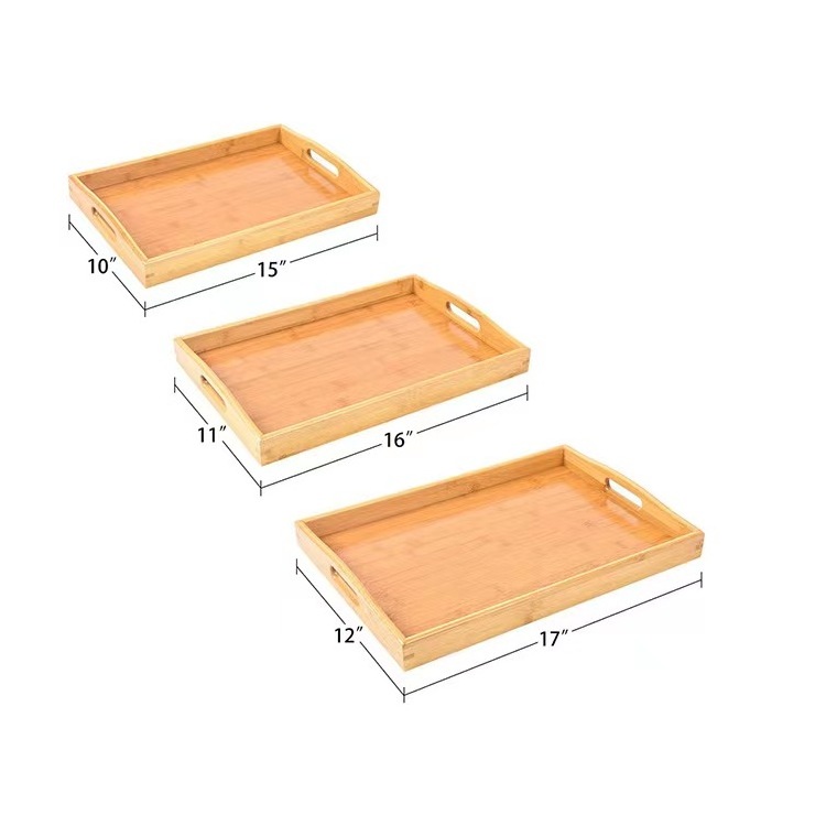 Luxury Rectangular Bamboo Wood Serving Tray Set With Handles For Serving Food