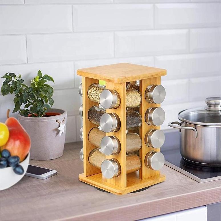 Kitchen Accessories 16 Filled Bottle Spice Rack Rotation Spice Organizer Kitchen For Countertop Rack Revolving Bamboo Spice Rack