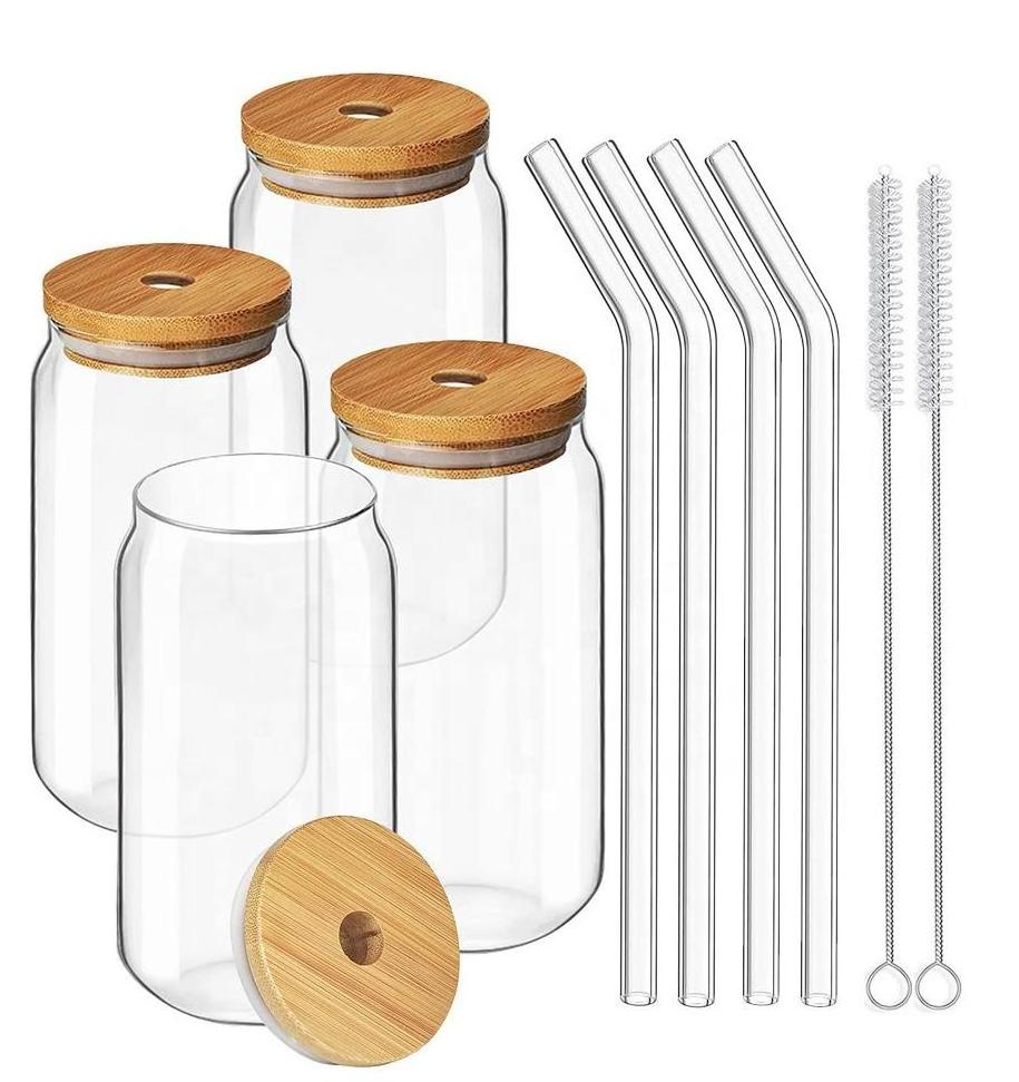 Hot Sale Beer Can Shaped Drinking Glasses 16 oz Glass Cups with Bamboo Lid and Straw for Smoothie, Boba Tea, Water