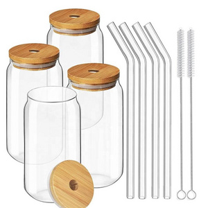 Hot Sale Beer Can Shaped Drinking Glasses 16 oz Glass Cups with Bamboo Lid and Straw for Smoothie, Boba Tea, Water