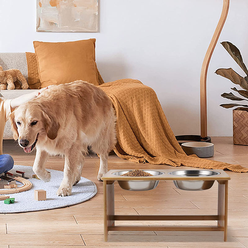 Design Double Custom Adjustable Wooden Bamboo Dog Bowls Elevated Feeder Stand with Two Stainless Steel Bowls