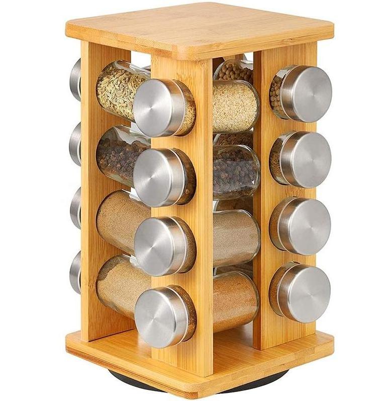 Kitchen Accessories 16 Filled Bottle Spice Rack Rotation Spice Organizer Kitchen For Countertop Rack Revolving Bamboo Spice Rack