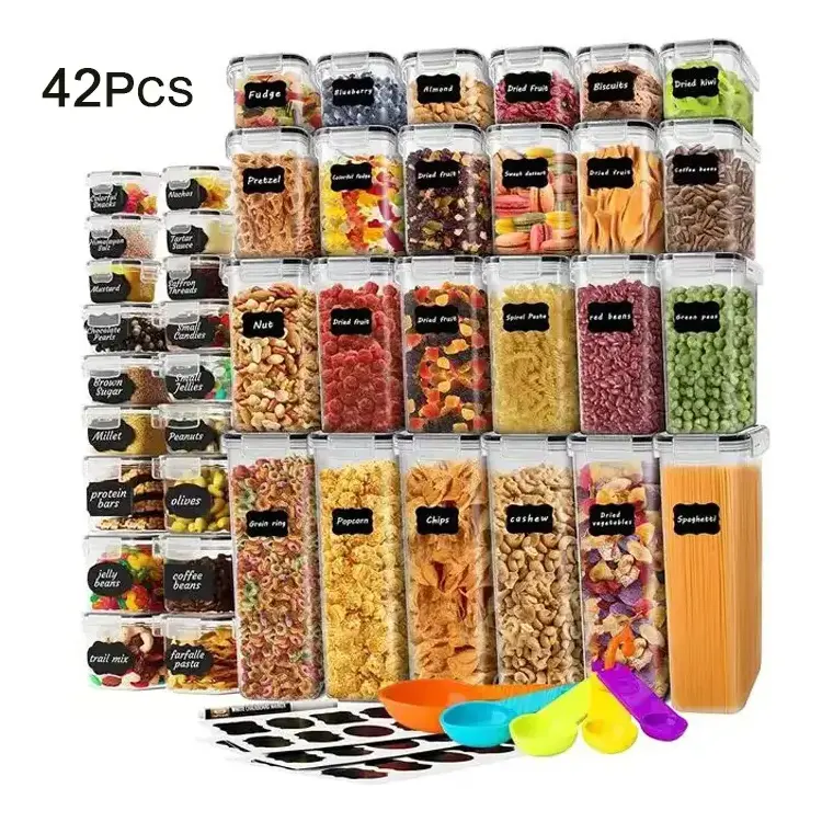 Household Storage 24/36/42 Pcs Set Bpa-Free Airtight Plastic Stackable Kitchen Organizer Cereal Dry Food Storage Bin Box