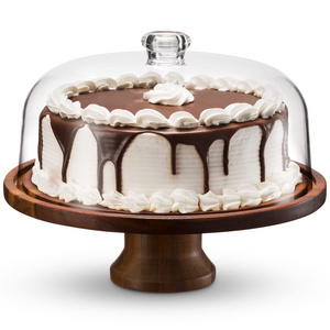 Cake Display Server Tray for Kitchen Cake Stand with Wood with Base Clear Acrylic Dome Lid Turntable Cake Stand