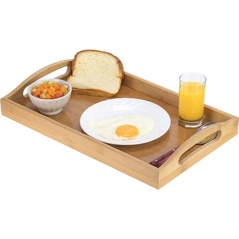 Luxury Rectangular Bamboo Wood Serving Tray Set With Handles For Serving Food