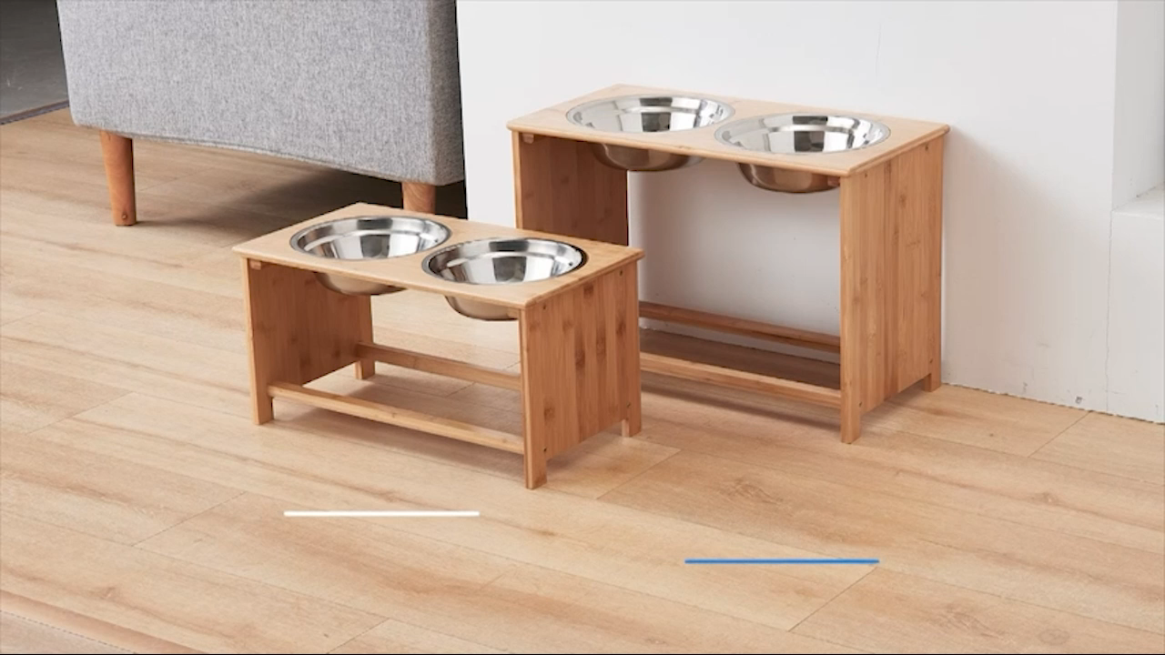 Design Double Custom Adjustable Wooden Bamboo Dog Bowls Elevated Feeder Stand with Two Stainless Steel Bowls