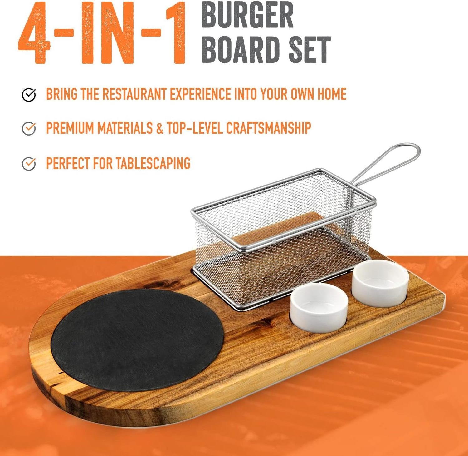 Wooden Burger Serving Set Premium Acacia Wood Board With Slate Stainless Steel Fry Basket and Porcelain Condiment Cups