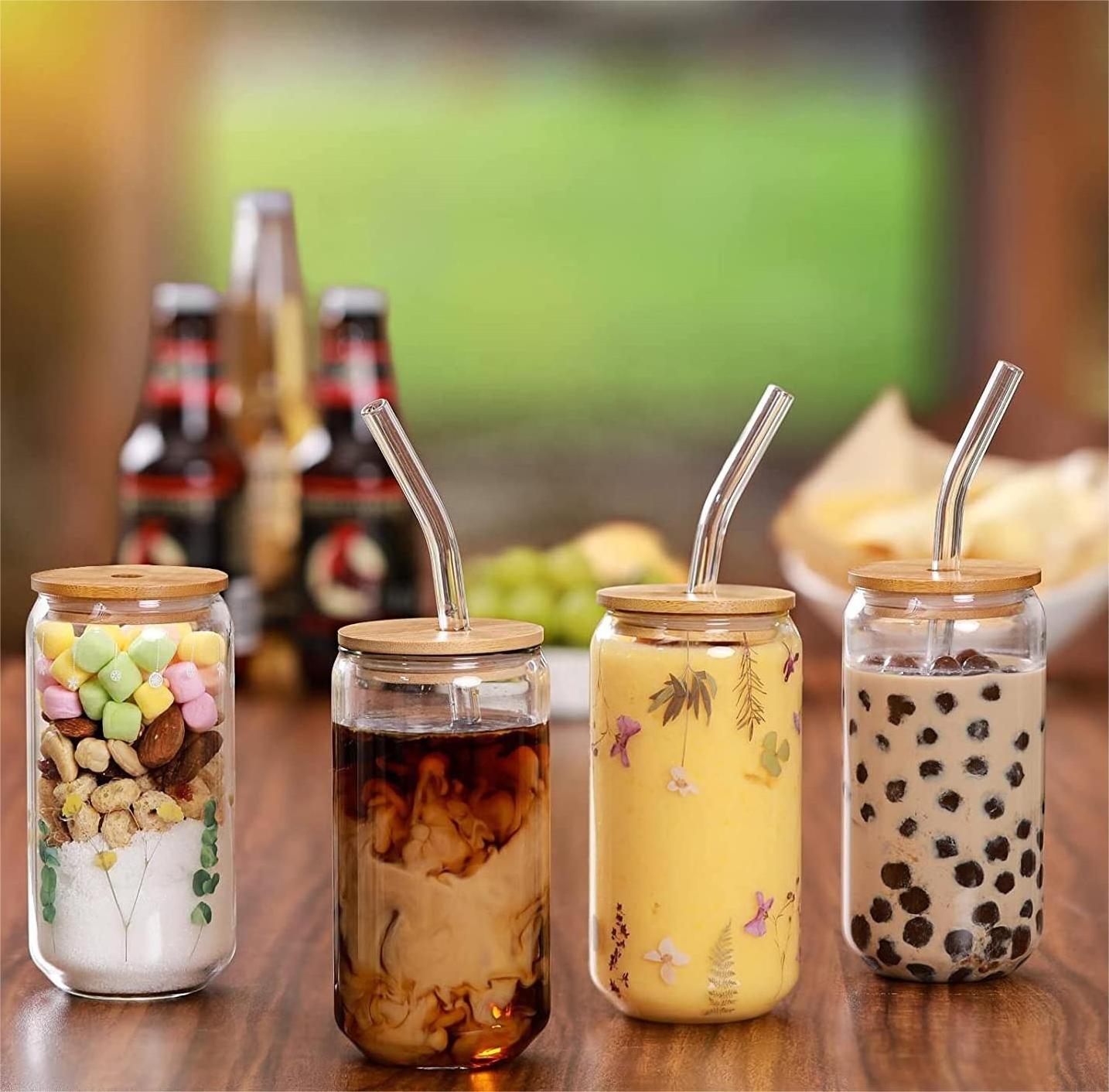 Hot Sale Beer Can Shaped Drinking Glasses 16 oz Glass Cups with Bamboo Lid and Straw for Smoothie, Boba Tea, Water