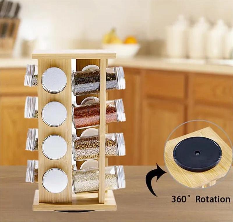 Kitchen Accessories 16 Filled Bottle Spice Rack Rotation Spice Organizer Kitchen For Countertop Rack Revolving Bamboo Spice Rack