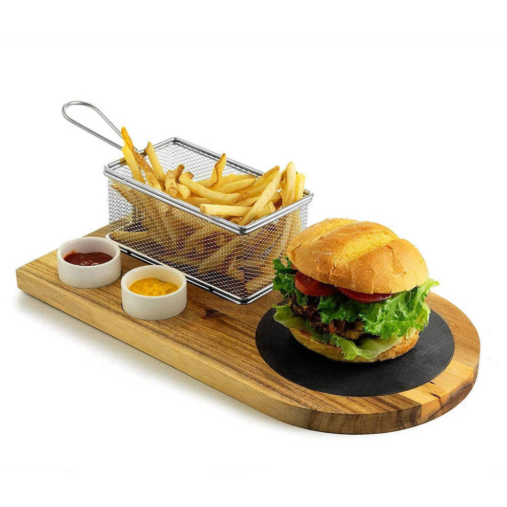 Wooden Burger Serving Set Premium Acacia Wood Board With Slate Stainless Steel Fry Basket and Porcelain Condiment Cups