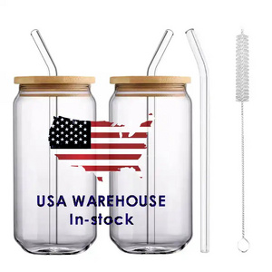 USA Warehouse Best Seller 12oz 16oz 20oz 400 500 600ml Blank Beer Can Shaped Borosilicate Glass with Bamboo Lid and Straw