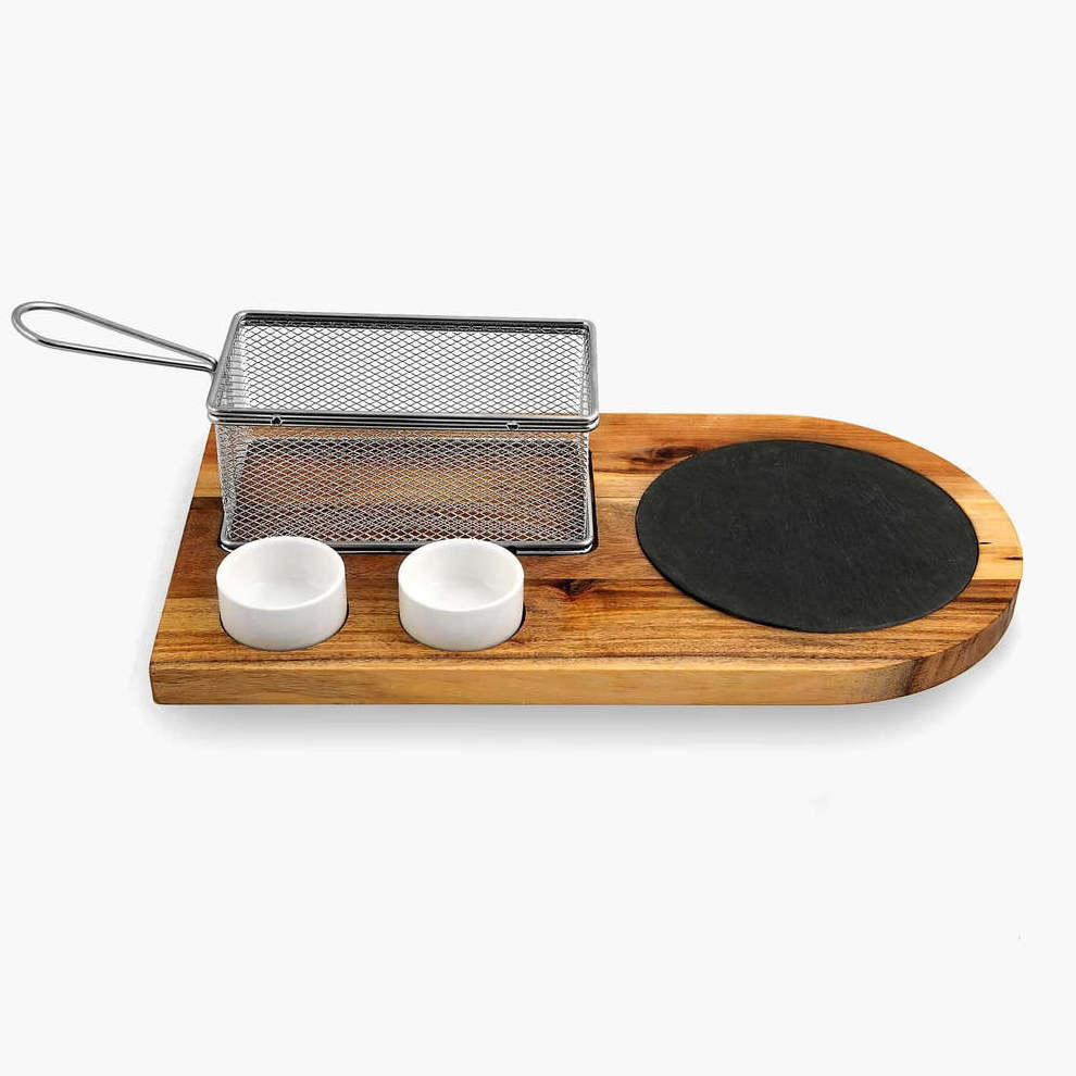 Wooden Burger Serving Set Premium Acacia Wood Board With Slate Stainless Steel Fry Basket and Porcelain Condiment Cups