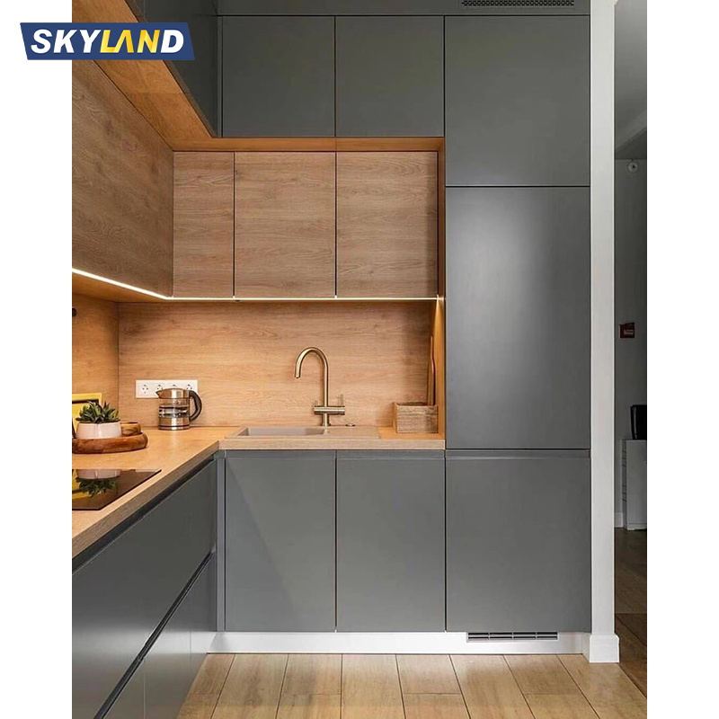 Skyland Laminate Kitchen Cabinets Modern Modular Design Melamine Kitchen Cabinet With LED Light