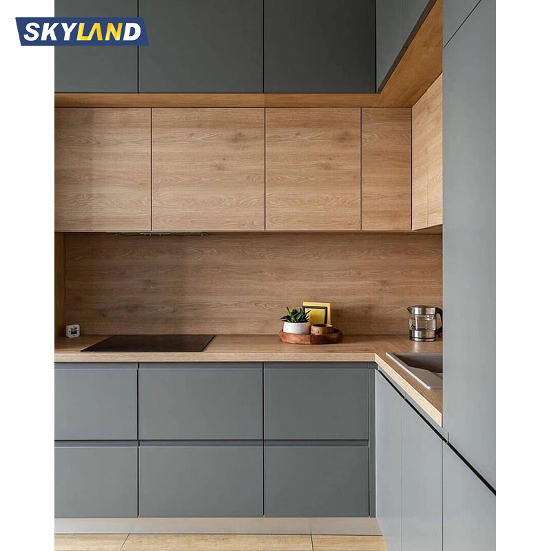 Skyland Laminate Kitchen Cabinets Modern Modular Design Melamine Kitchen Cabinet With LED Light