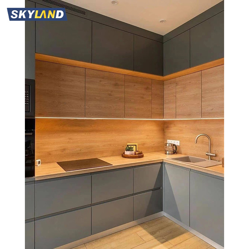 Skyland Laminate Kitchen Cabinets Modern Modular Design Melamine Kitchen Cabinet With LED Light