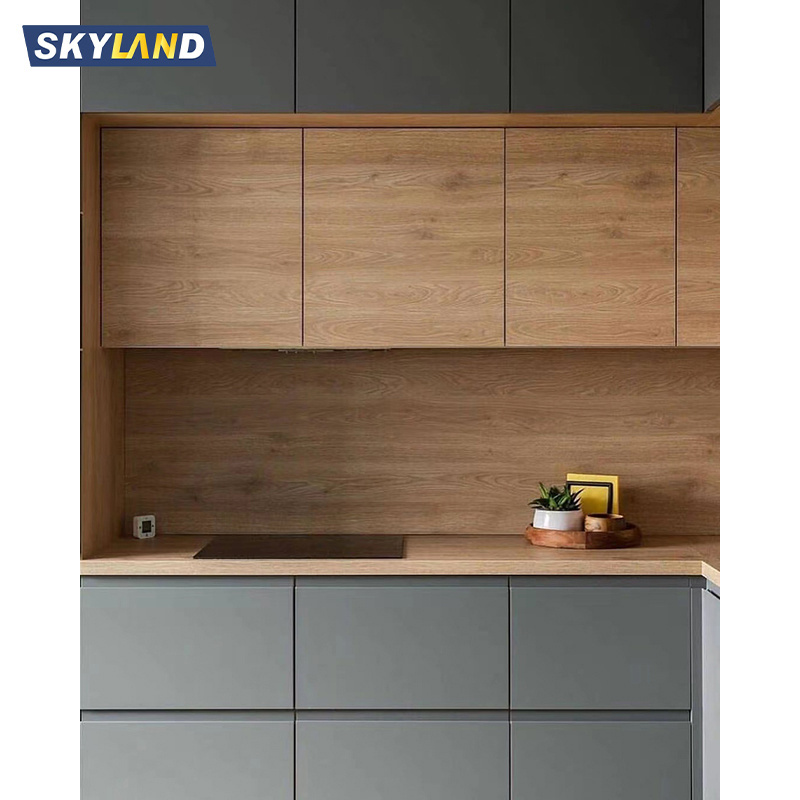 Skyland Laminate Kitchen Cabinets Modern Modular Design Melamine Kitchen Cabinet With LED Light