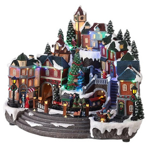 2024 Holiday Snow House Decoration Polyresin Light Christmas Village Figurines Animated