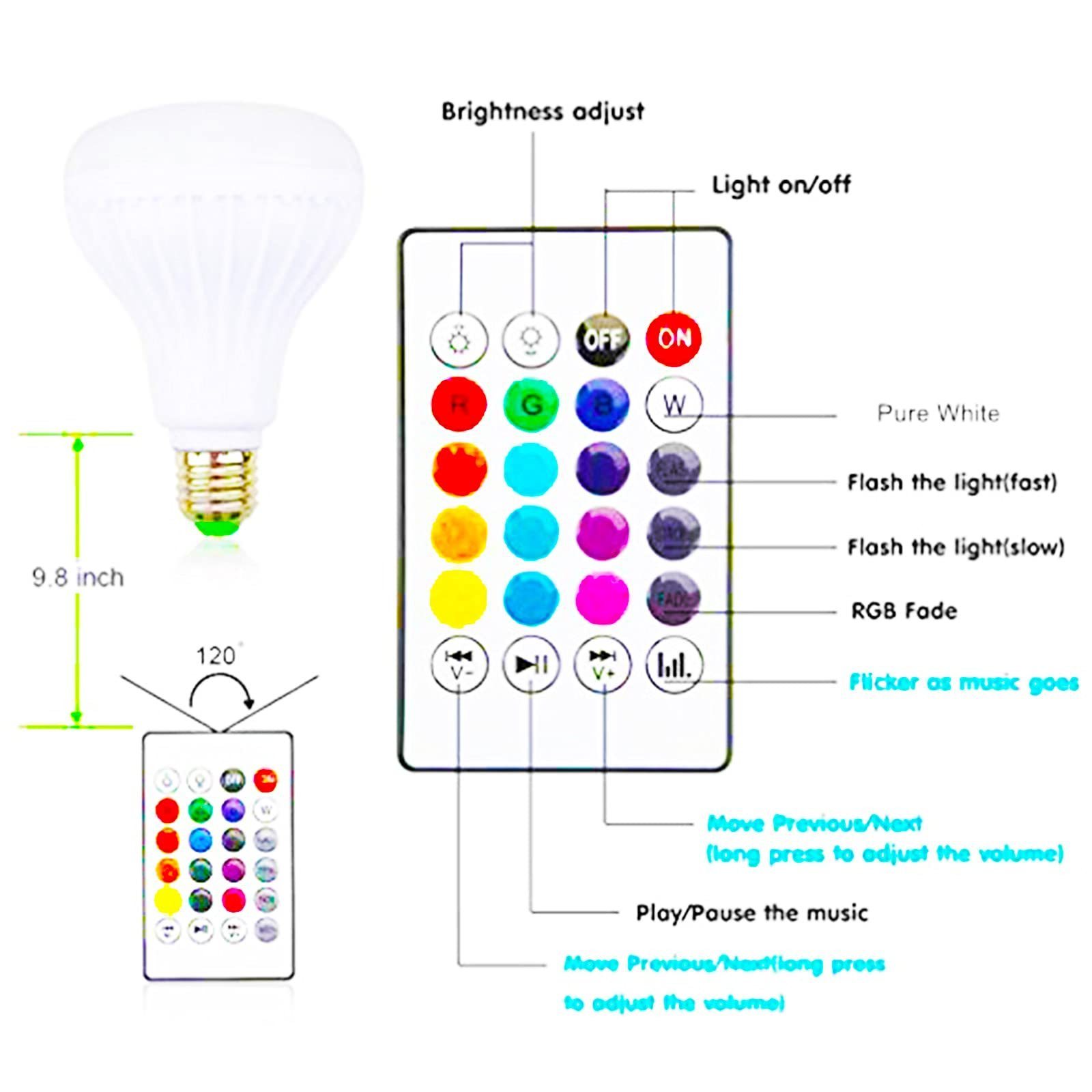 LED RGB Bulb Light Smart Blue tooth Music Speaker Changing Color Lamp Shower Head with Remote for Living Room Bathroom