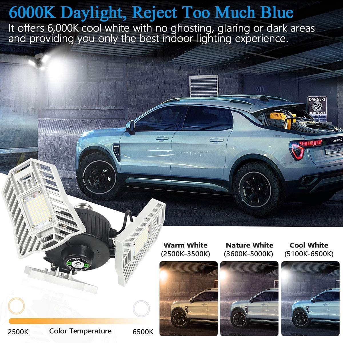 60W 6000LM 3 Panels Ceiling Light Fixture Deformable LED Shop Light  for Garage LED  Garage Lights