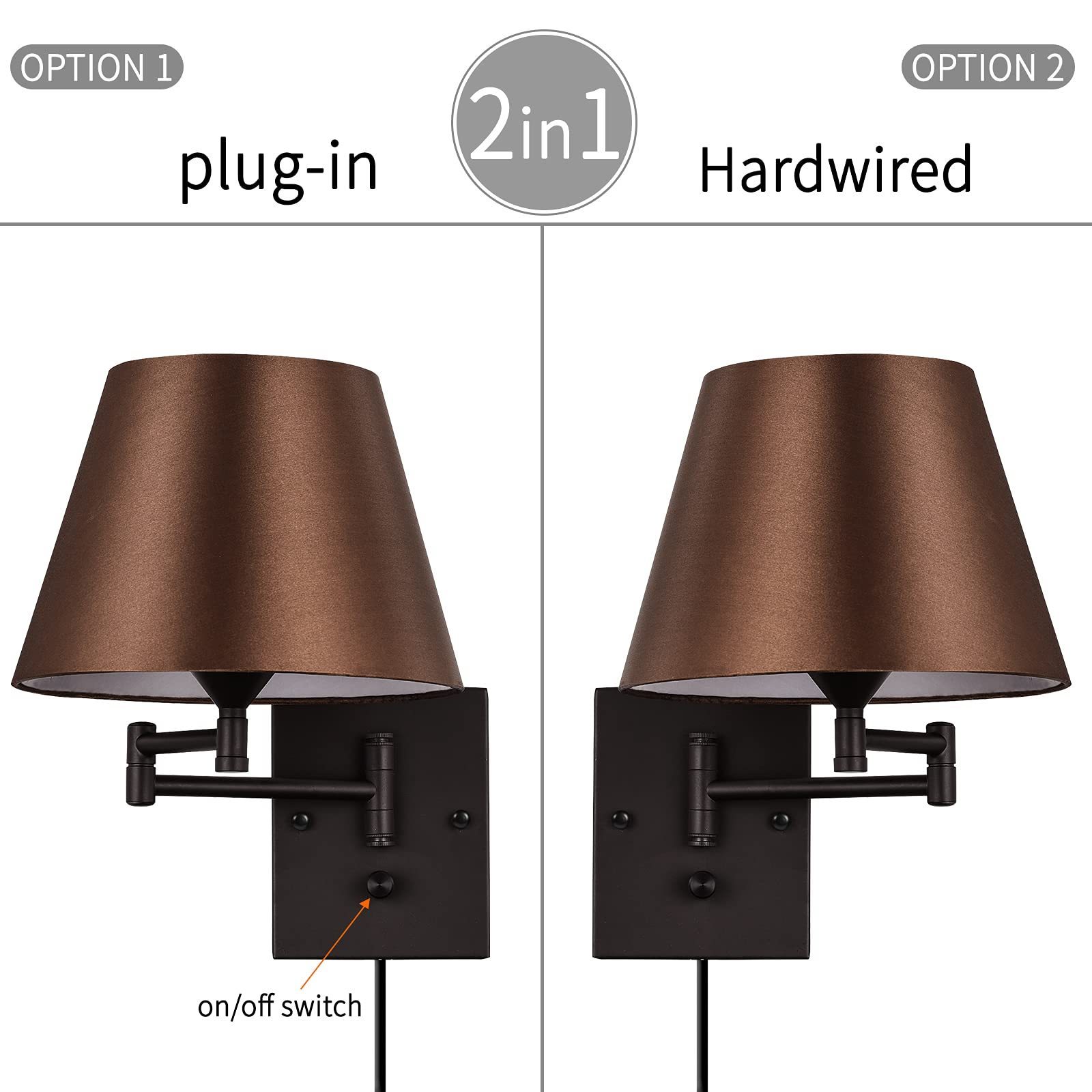 Plug in Wall Sconce Set of 2 Swing Arm Wall Lamp with Plug in Cord and Fabric Shade Wall Light Fixtures for Hallway Bedroom