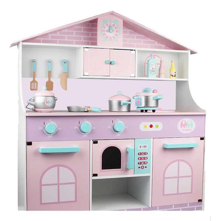 2022 New Arrival Wooden Cooking Utensils Kindergarten pink kitchen toys Princess girls wooden kitchen set wooden toy house