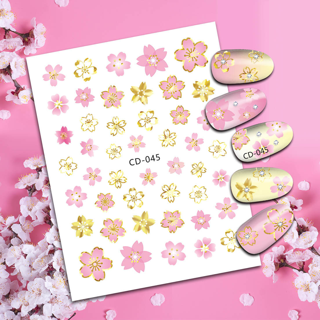 Flower 3D Nail Art Stickers Decals Golden Geometric Lines Surround Nail Decals Pink Cherry Blossom