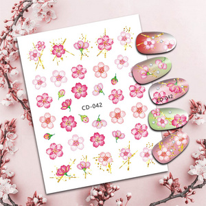 Flower 3D Nail Art Stickers Decals Golden Geometric Lines Surround Nail Decals Pink Cherry Blossom