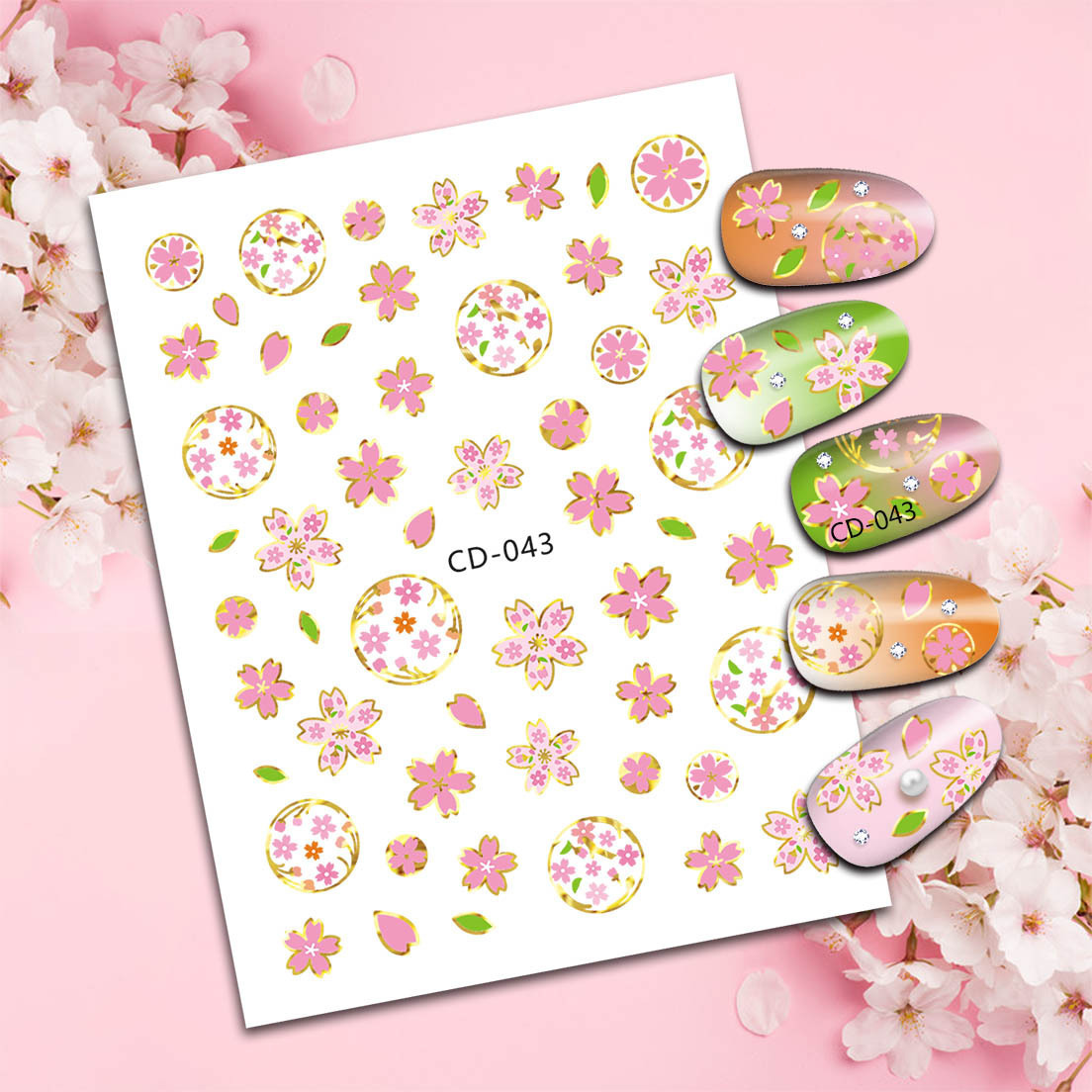 Flower 3D Nail Art Stickers Decals Golden Geometric Lines Surround Nail Decals Pink Cherry Blossom