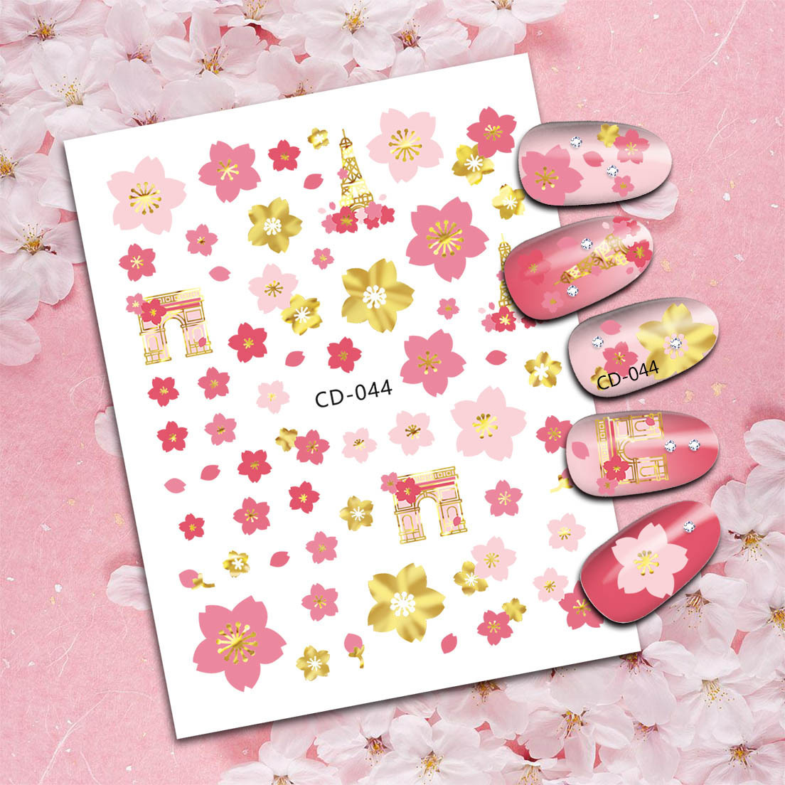 Flower 3D Nail Art Stickers Decals Golden Geometric Lines Surround Nail Decals Pink Cherry Blossom