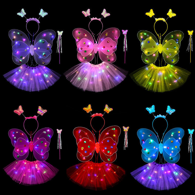 Glowing  Wings Little Girl Back Decoration Children Led Flashing Toys Wonderful Magic Wand Flower Fairy Set