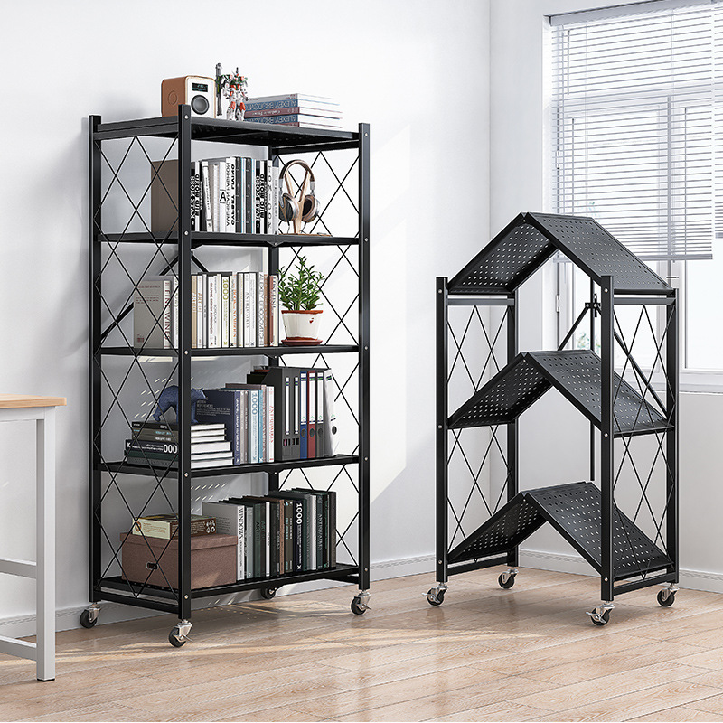 Three Four Five tires layers black white iron carbon steel rust-proof collapsible folding rolling cart storage book shelf