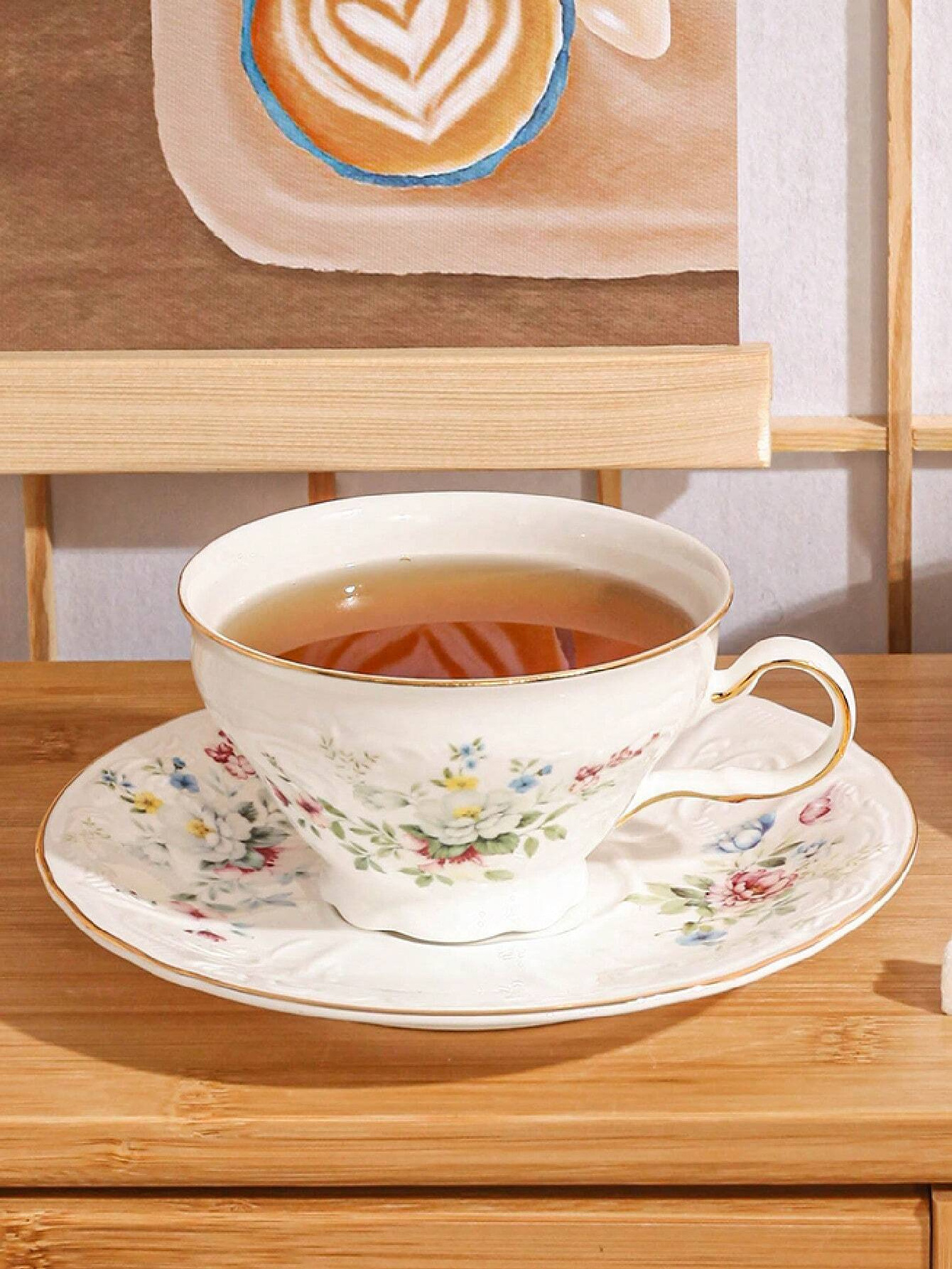 3.5 inches 5 inches New European Style Bone China Flora Coffee Cup Set With Ceramic Simple Cup & Saucer with Golden Rim