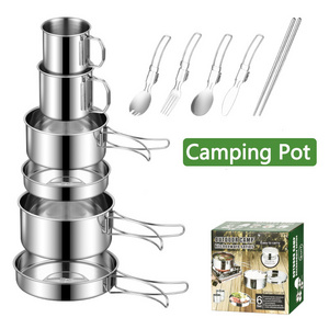 set of 6 pcs camping cooking set stainless steel camping pot pan drinking cup cutlery cookware mess kit