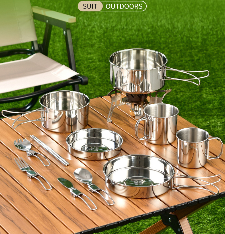 set of 6 pcs camping cooking set stainless steel camping pot pan drinking cup cutlery cookware mess kit