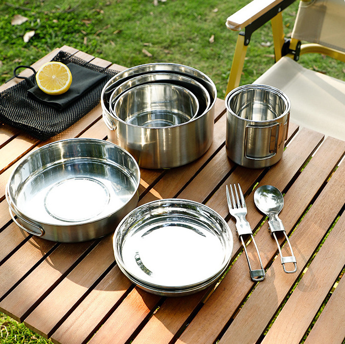 set of 6 pcs camping cooking set stainless steel camping pot pan drinking cup cutlery cookware mess kit