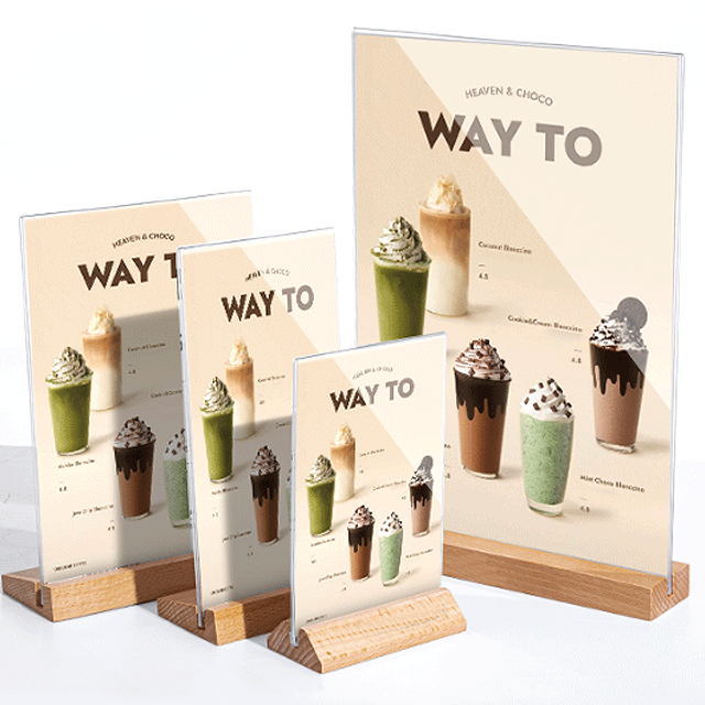 Custom A4 Acrylic Display Menu Holder A5 A6 Acrylic Sign Wooden Base Sign For Commercial Brand  Poster