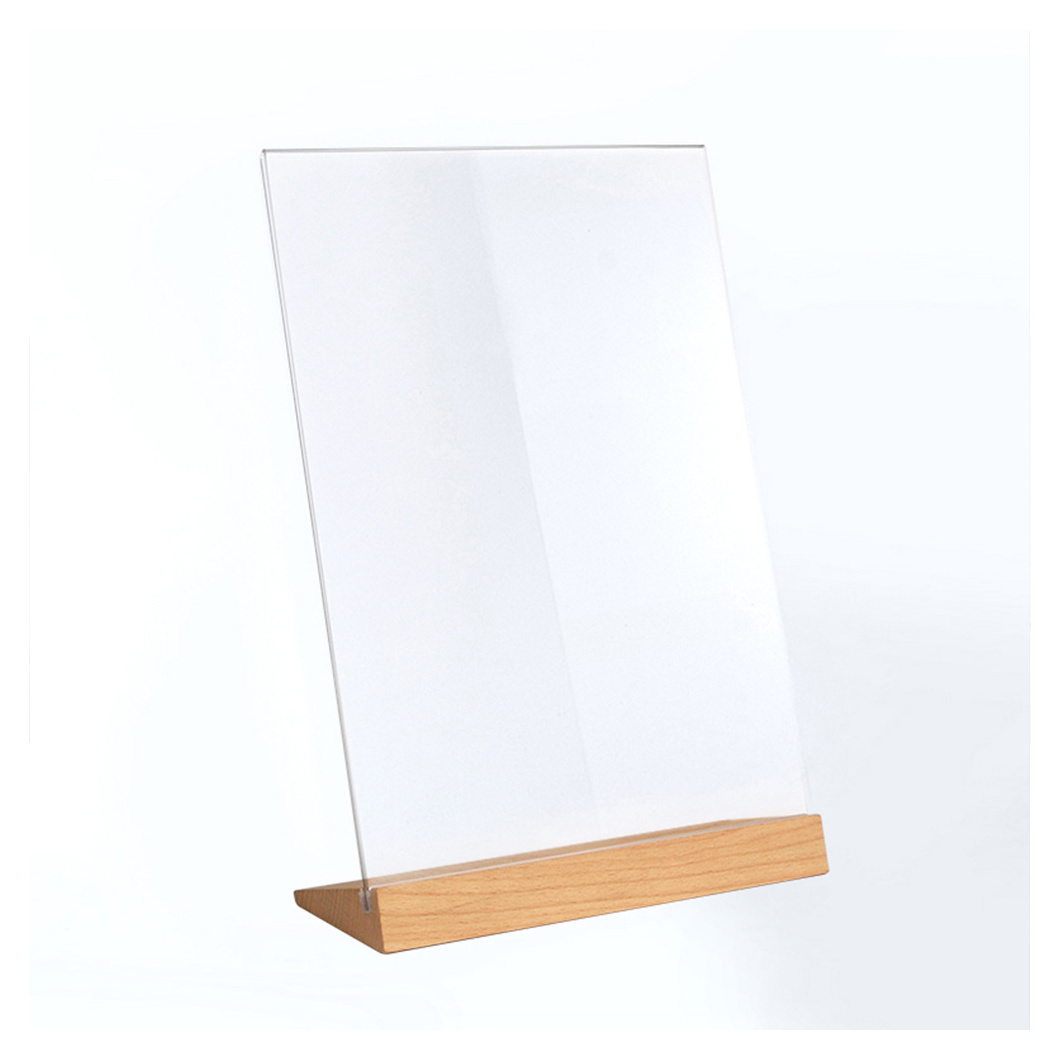 Custom A4 Acrylic Display Menu Holder A5 A6 Acrylic Sign Wooden Base Sign For Commercial Brand  Poster