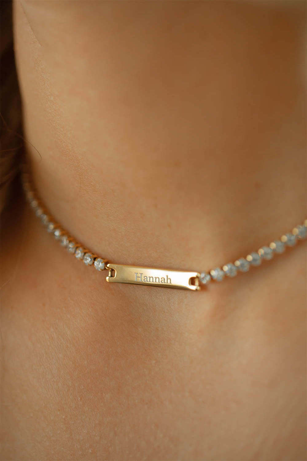 Fashion 18k gold plated stainless steel custom name engravable blank plate diamond tennis necklace