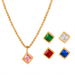 Commuter Fashion Titanium Steel Necklace Light Luxury Inlaid Zircon Glass Stone Pendant Square Pearl Chain Plated Gifts