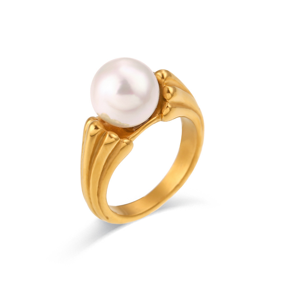 INS Women's Stainless Steel Finger Ring 18K Gold Plated round Imitation Pearl Double-Sided Pattern Cocktail Ring Fashion Jewelry