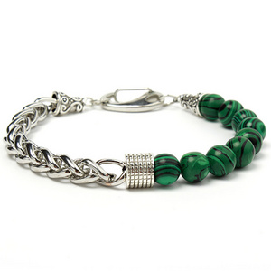 stainless steel chain and charms 8mm natural malachite stone beads bracelet