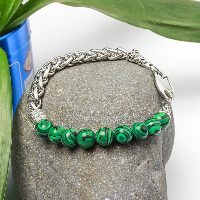 stainless steel chain and charms 8mm natural malachite stone beads bracelet