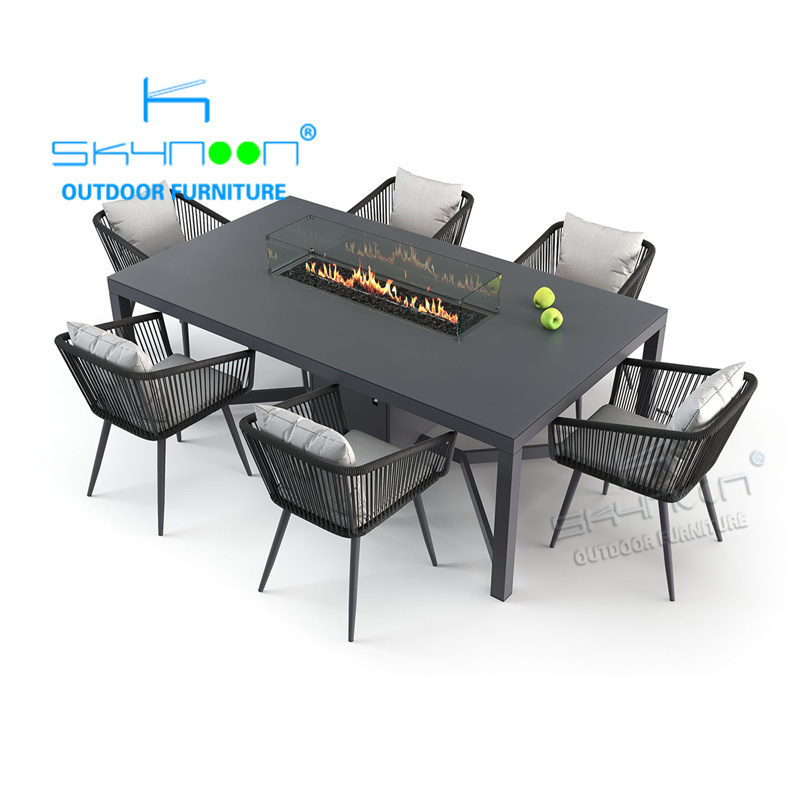 high quality metal fire pit dining table patio furniture sets with fire pit 7pcs outdoor dining set with fire table(71194F)