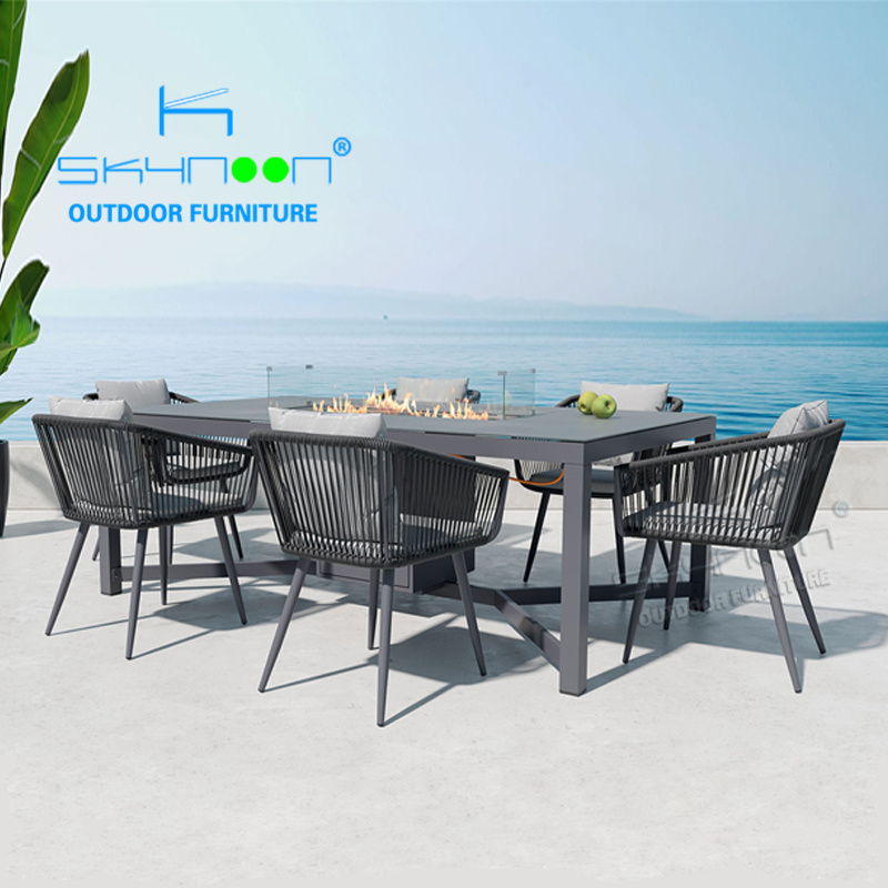 high quality metal fire pit dining table patio furniture sets with fire pit 7pcs outdoor dining set with fire table(71194F)