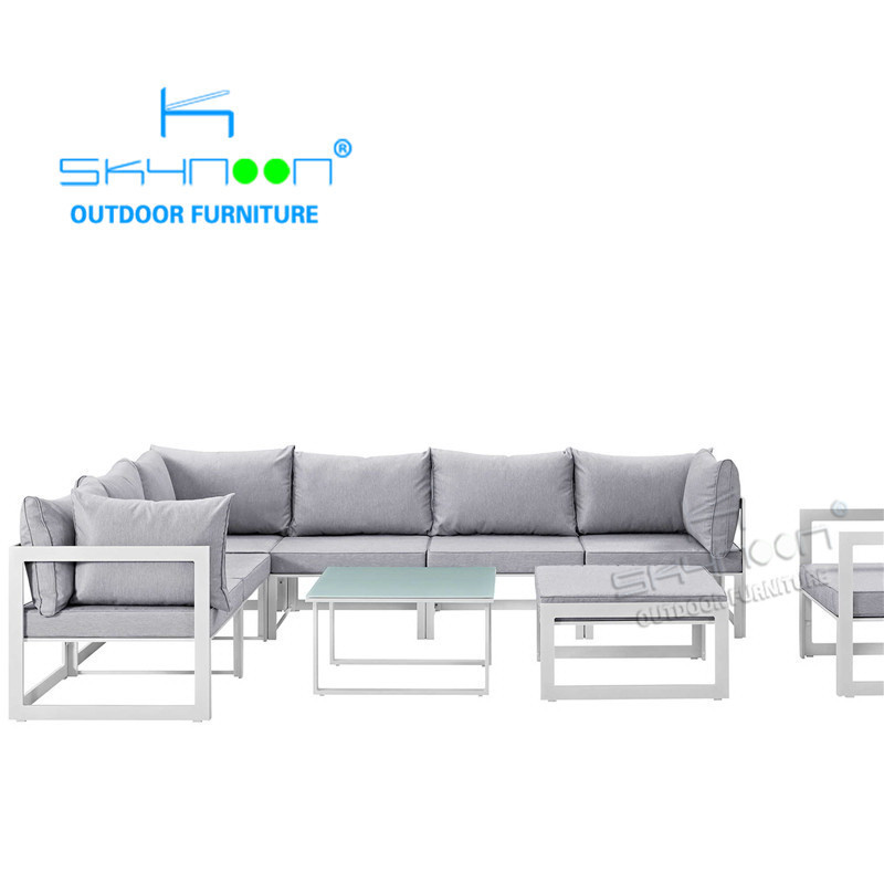 metal fast delivery high end hotel garden 6 seater sofa set with arm L shape corner white aluminum outdoor sofa furniture(32044)